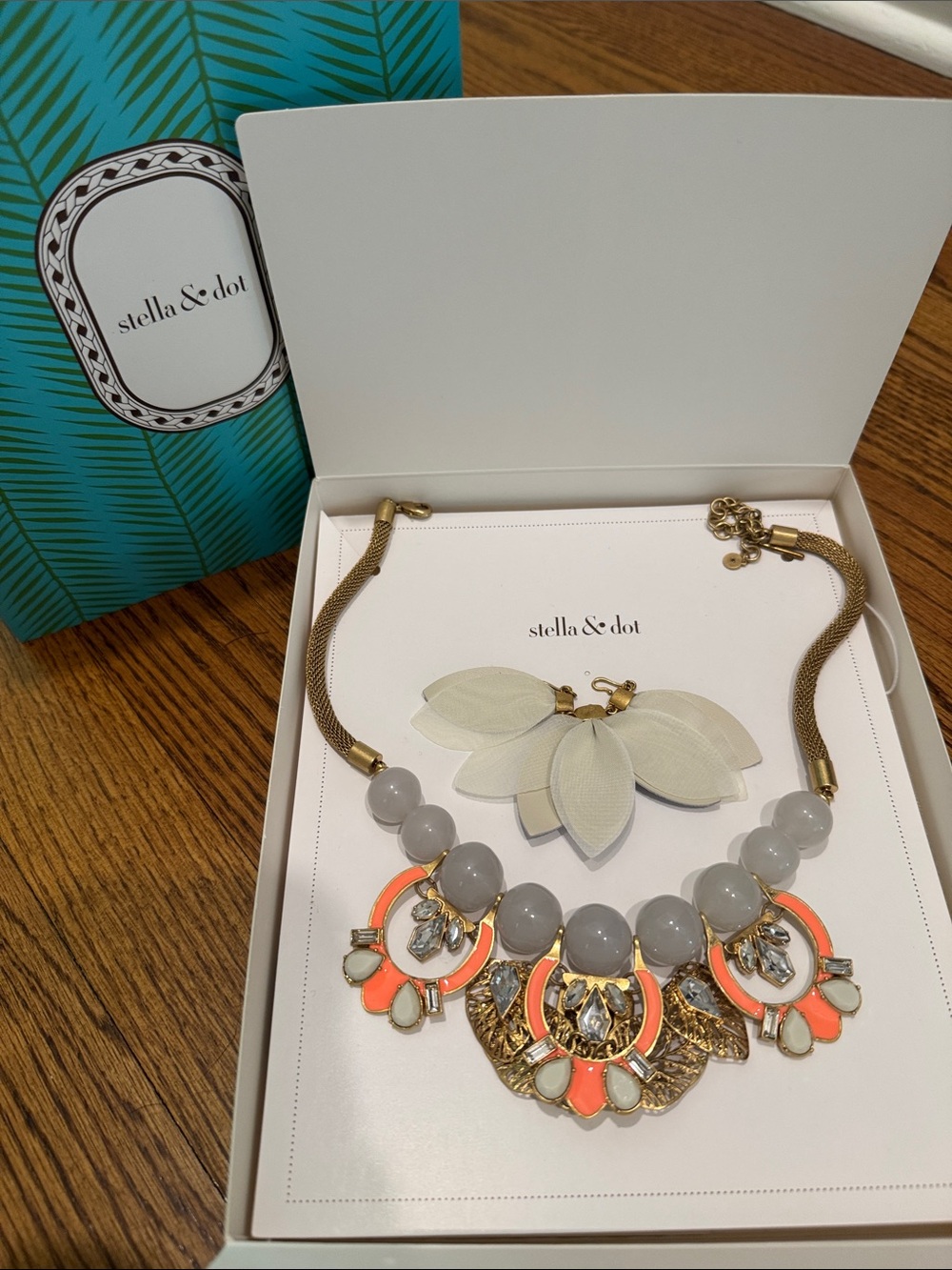 Stella & Dot Gold Chain Necklace with Gray Beads and Coral Accents